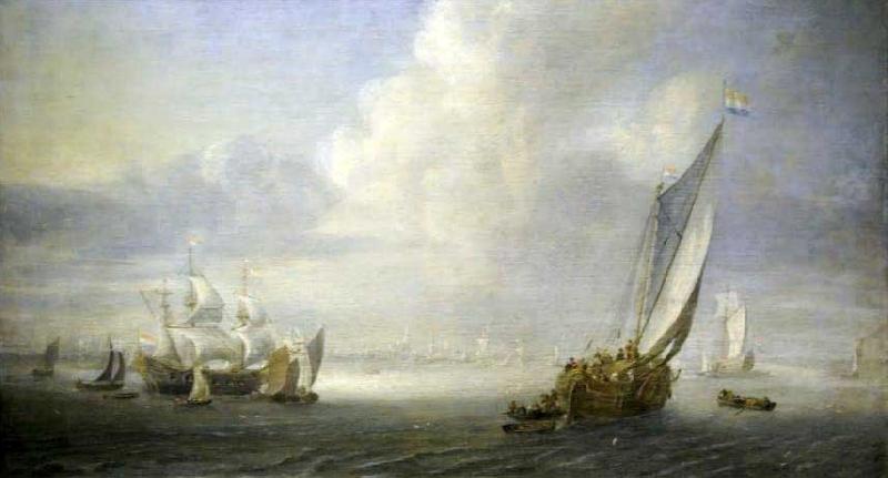 Abraham van der Hecken Seascape with a port in the background oil painting image